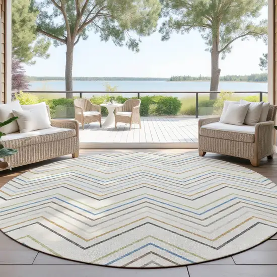 8' Ivory Blue And Beige Round Striped Washable Indoor Outdoor Area Rug Photo 4
