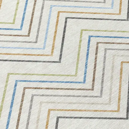 8' Ivory Blue And Beige Round Striped Washable Indoor Outdoor Area Rug Photo 9