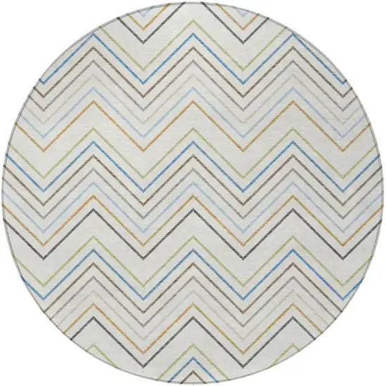 8' Ivory Blue And Beige Round Striped Washable Indoor Outdoor Area Rug Photo 3