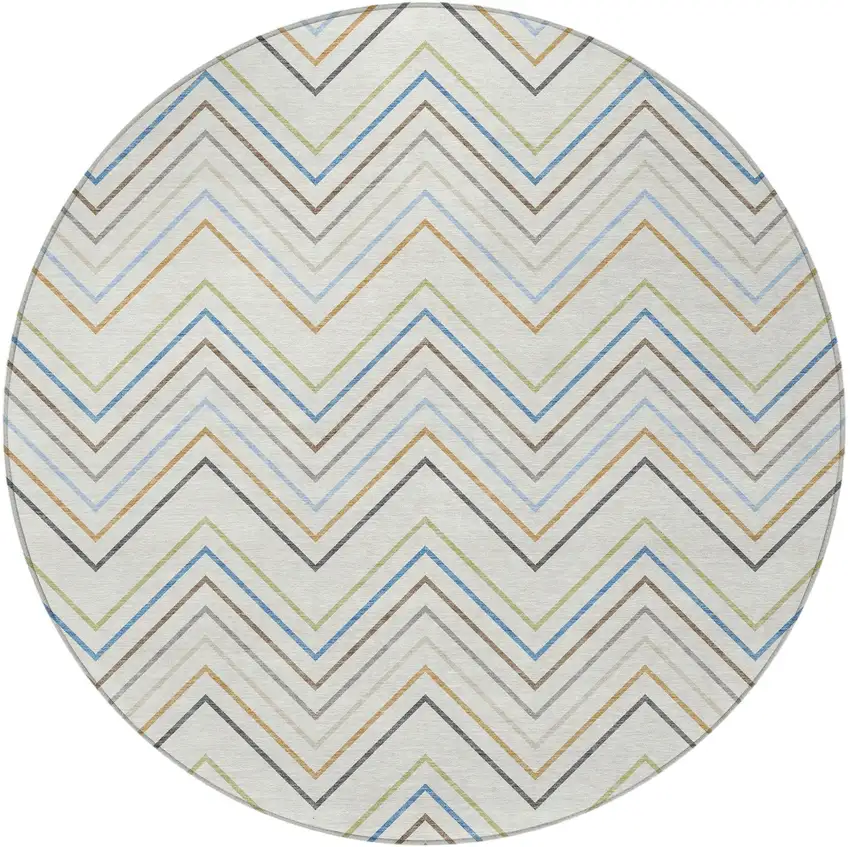 8' Ivory Blue And Beige Round Striped Washable Indoor Outdoor Area Rug Photo 3