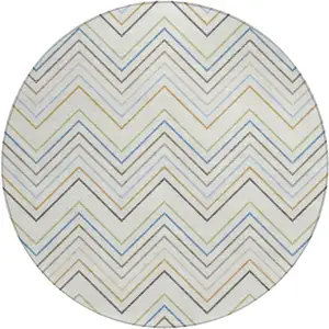 Photo of 8' Ivory Blue And Beige Round Striped Washable Indoor Outdoor Area Rug