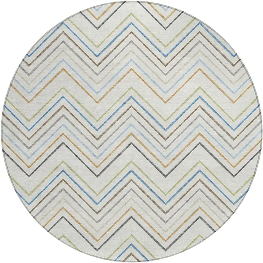 8' Ivory Blue And Beige Round Striped Washable Indoor Outdoor Area Rug Photo 1