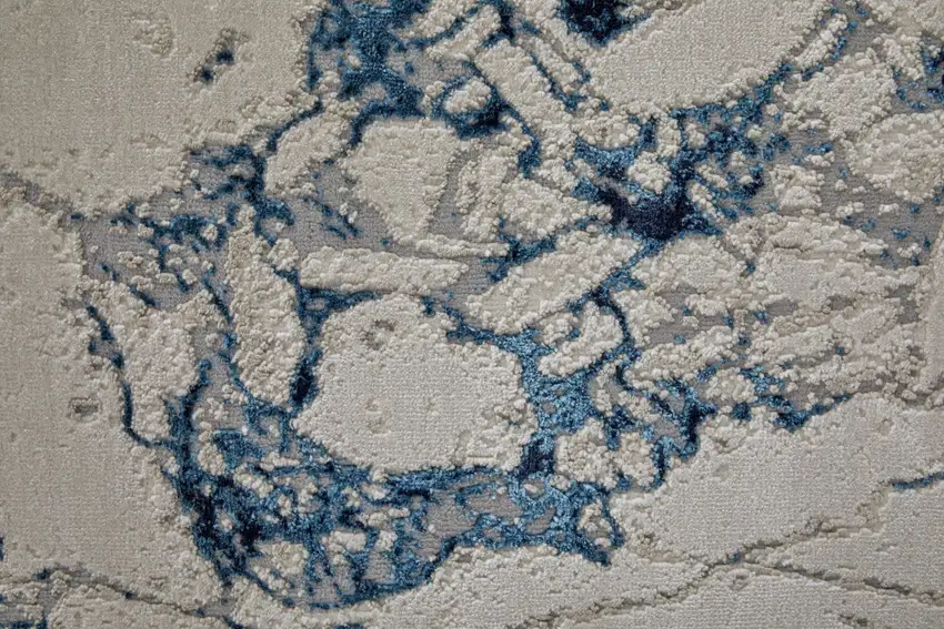 8' Ivory Blue And Black Abstract Power Loom Distressed Runner Rug Photo 6