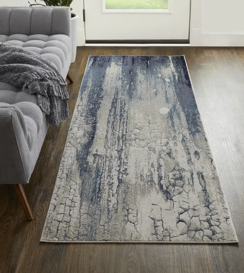 8' Ivory Blue And Black Abstract Power Loom Distressed Runner Rug Photo 2