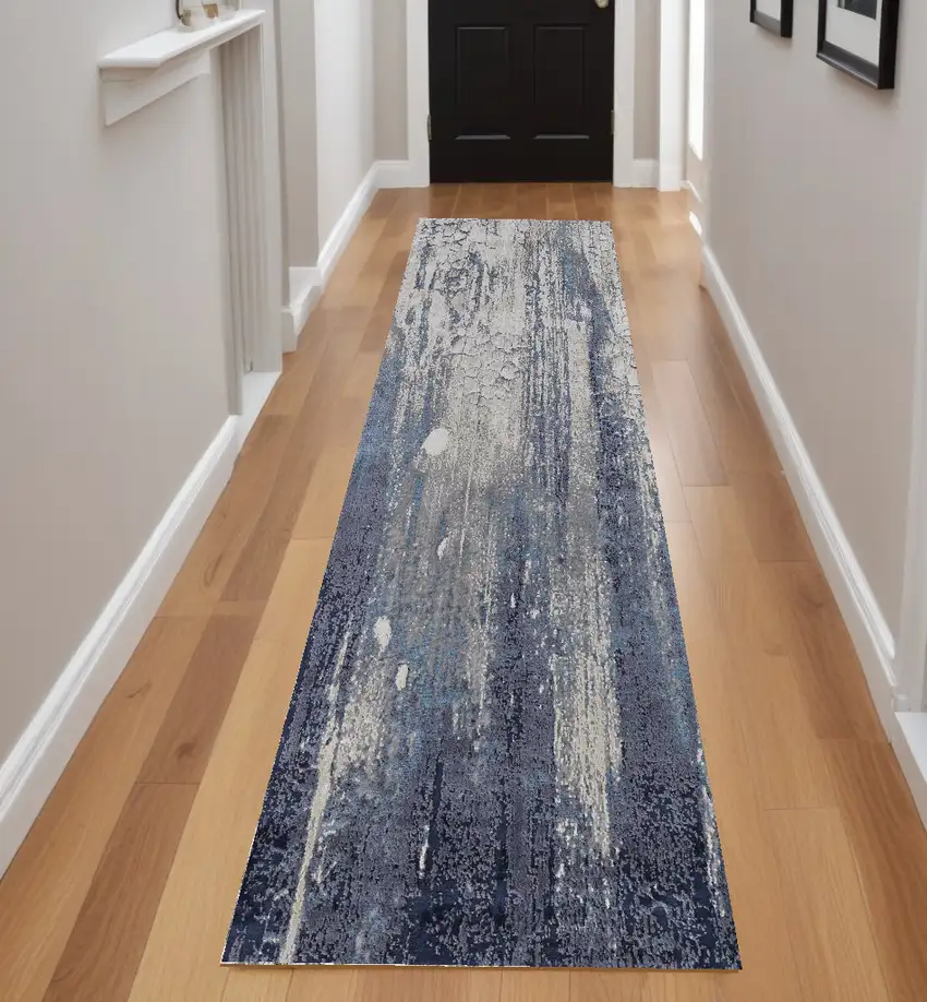 8' Ivory Blue And Black Abstract Power Loom Distressed Runner Rug Photo 1