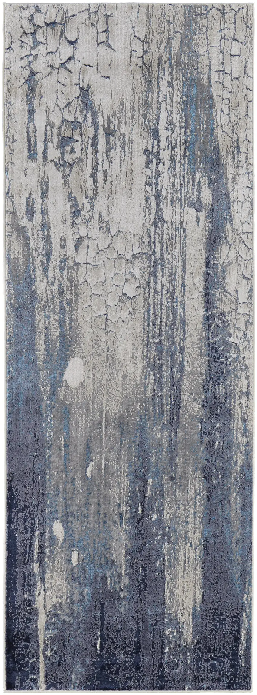 8' Ivory Blue And Black Abstract Power Loom Distressed Runner Rug Photo 1