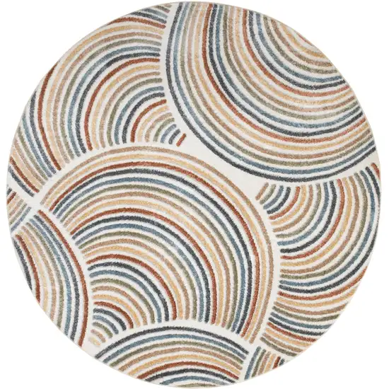 4' Ivory Blue And Brown Abstract Round Rug Photo 4