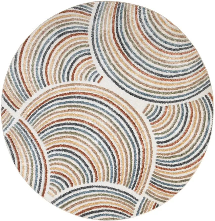4' Ivory Blue And Brown Abstract Round Rug Photo 4