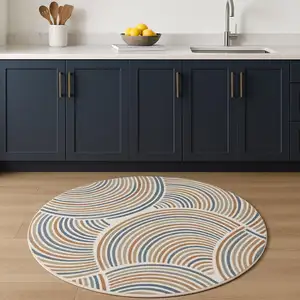 Photo of 4' Ivory Blue And Brown Abstract Round Rug