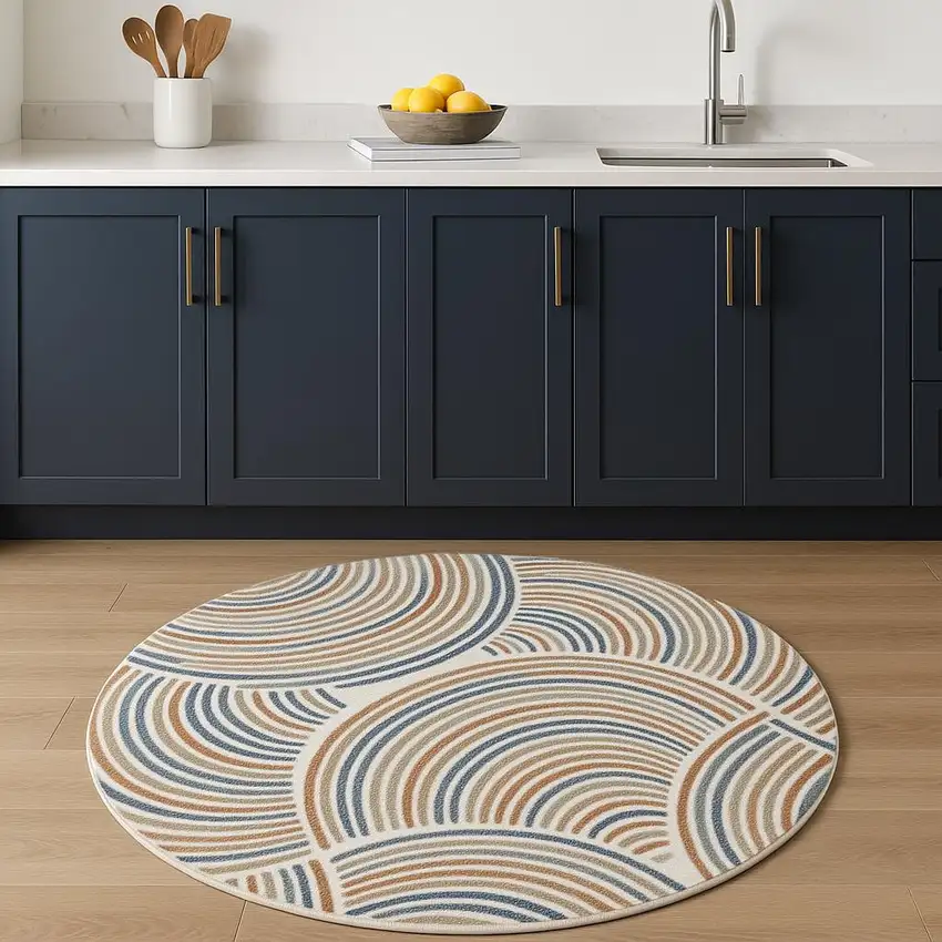 4' Ivory Blue And Brown Abstract Round Rug Photo 1