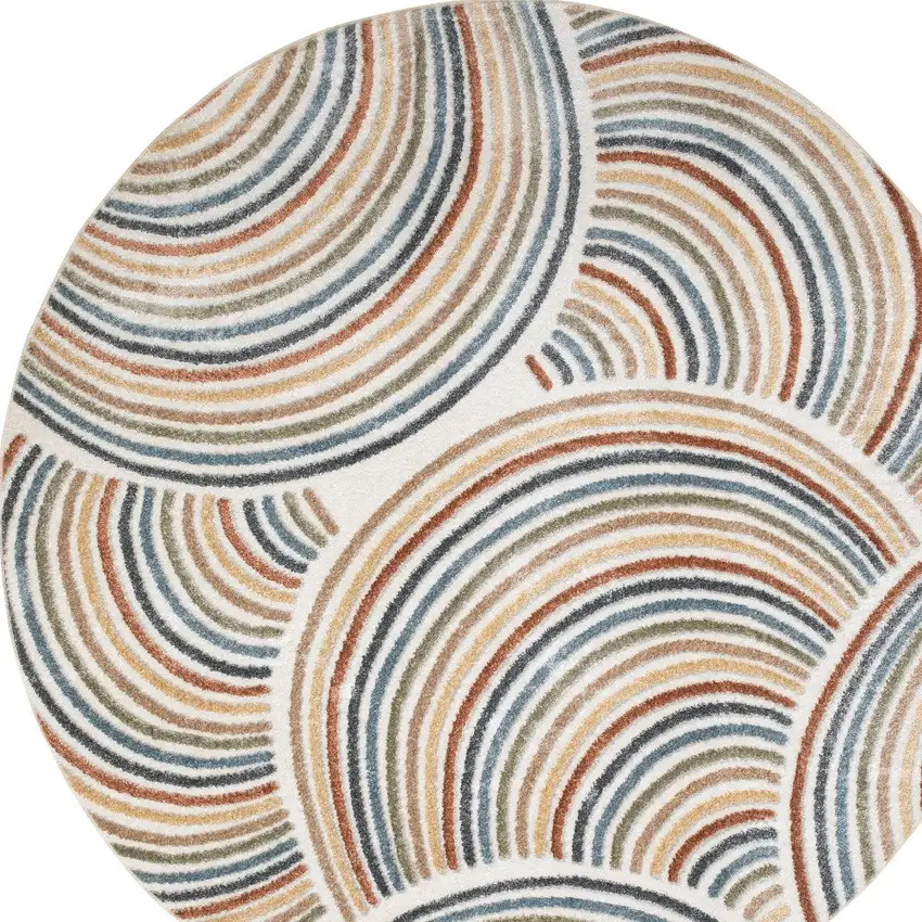 4' Ivory Blue And Brown Abstract Round Rug Photo 9