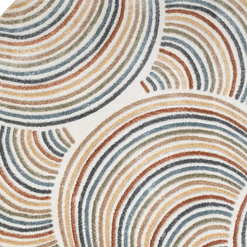 4' Ivory Blue And Brown Abstract Round Rug Photo 8