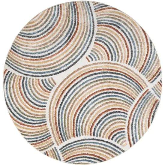 4' Ivory Blue And Brown Abstract Round Rug Photo 2