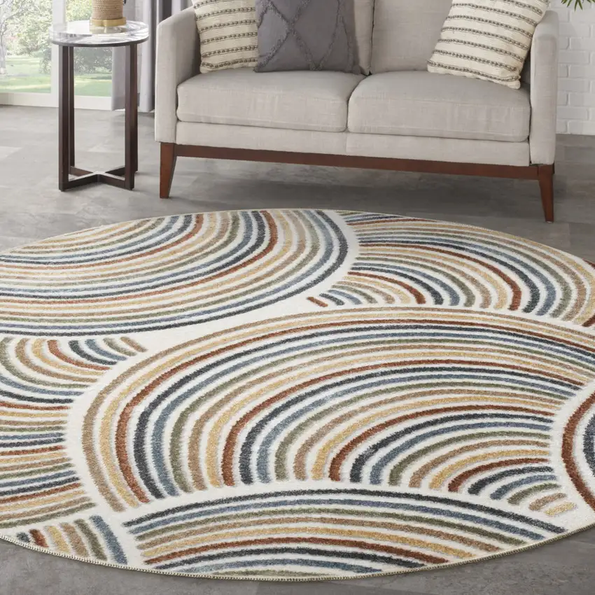 4' Ivory Blue And Brown Abstract Round Rug Photo 5