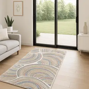 Photo of 6' Ivory Blue And Brown Abstract Runner Rug