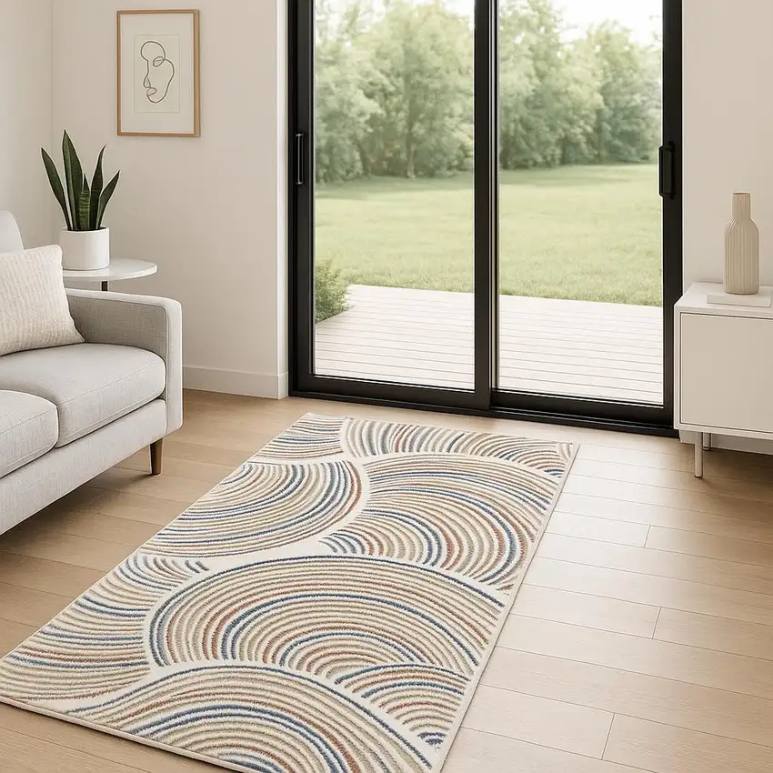 6' Ivory Blue And Brown Abstract Runner Rug Photo 1