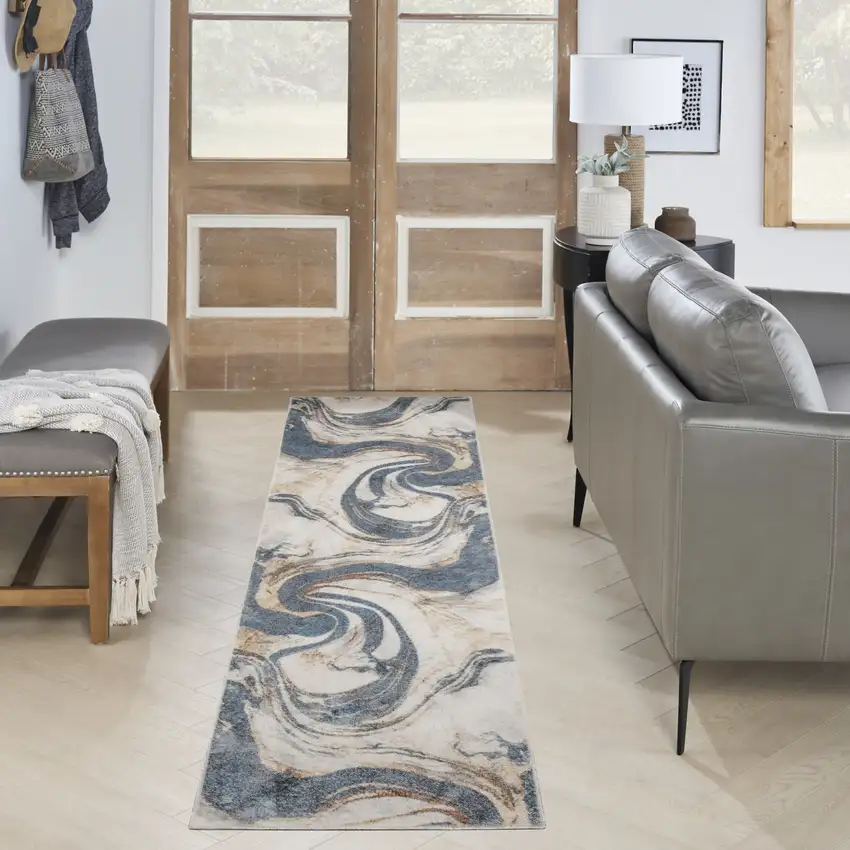 6' Ivory Blue And Brown Abstract Runner Rug Photo 4