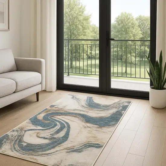 6' Ivory Blue And Brown Abstract Runner Rug Photo 1