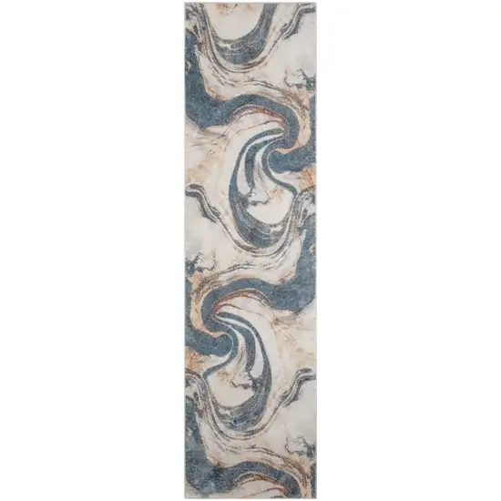 6' Ivory Blue And Brown Abstract Runner Rug Photo 7