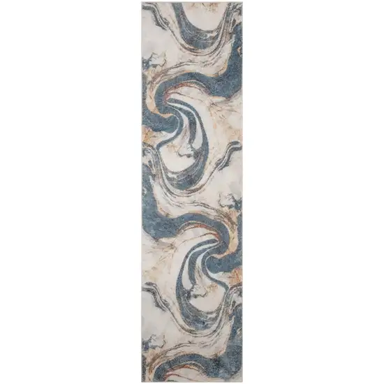 6' Ivory Blue And Brown Abstract Runner Rug Photo 7