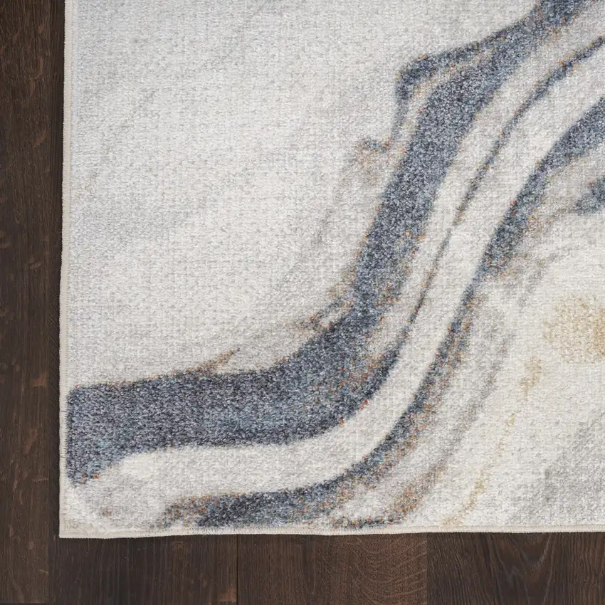 8' Ivory Blue And Brown Abstract Runner Rug Photo 9