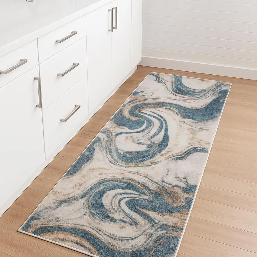 8' Ivory Blue And Brown Abstract Runner Rug Photo 1