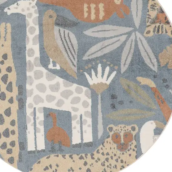 4' Ivory Blue And Brown Animal Print Round Rug Photo 7