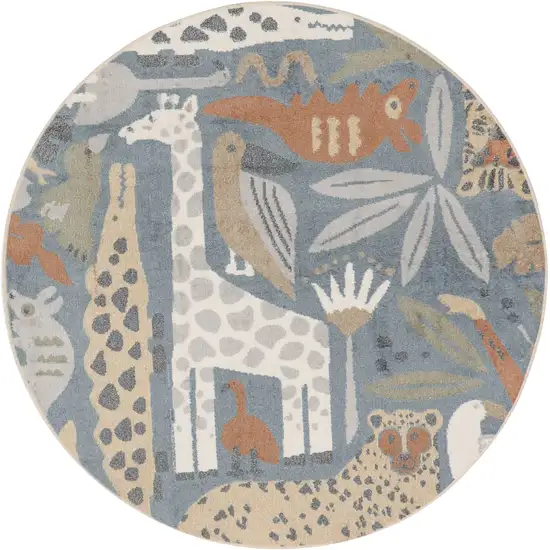 4' Ivory Blue And Brown Animal Print Round Rug Photo 2