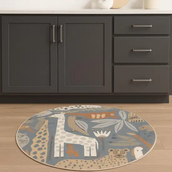 4' Ivory Blue And Brown Animal Print Round Rug Photo 1
