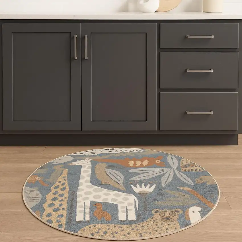 4' Ivory Blue And Brown Animal Print Round Rug Photo 1