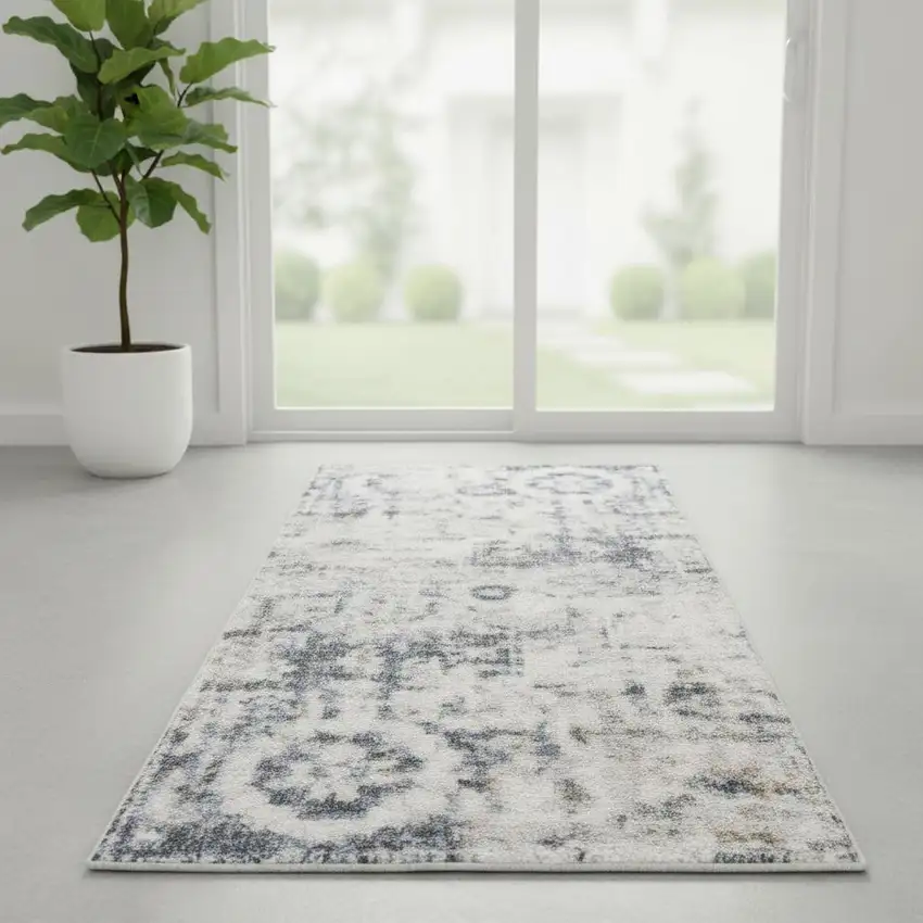 6' Ivory Blue And Brown Floral Distressed Runner Rug Photo 1
