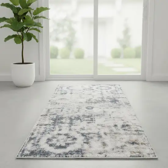 6' Ivory Blue And Brown Floral Distressed Runner Rug Photo 1