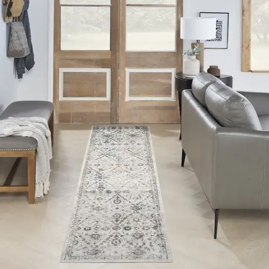 6' Ivory Blue And Brown Floral Distressed Runner Rug Photo 5