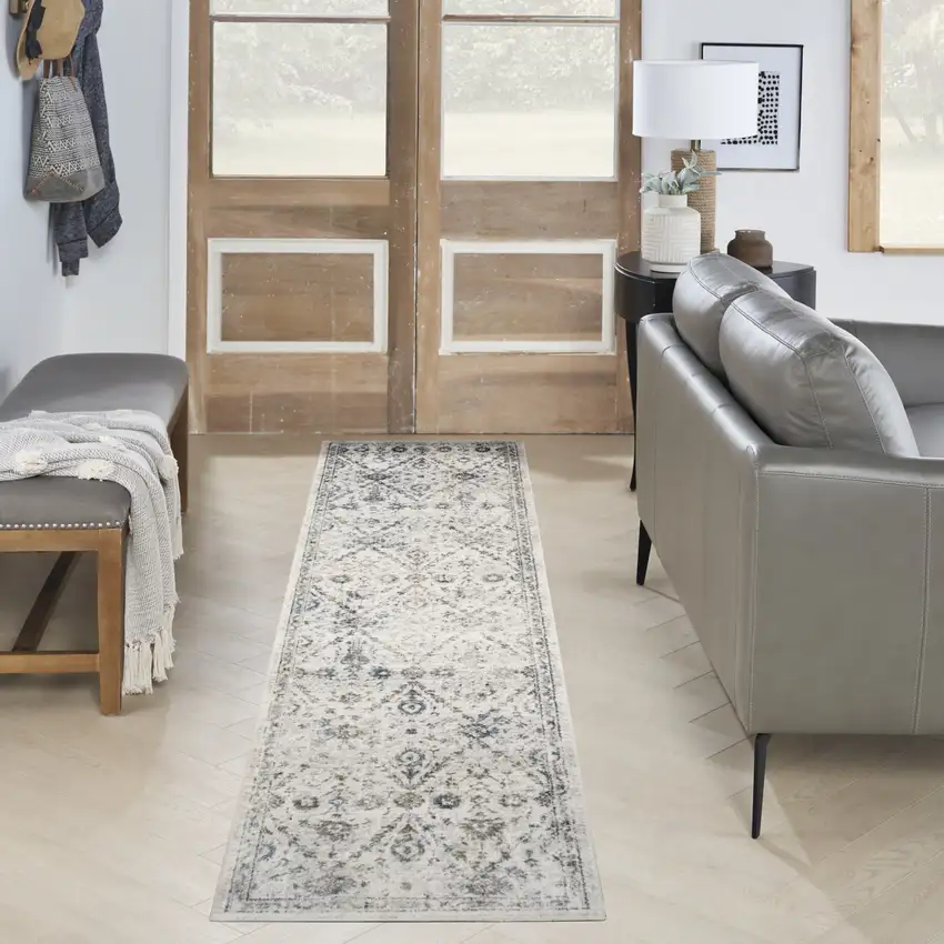 6' Ivory Blue And Brown Floral Distressed Runner Rug Photo 5