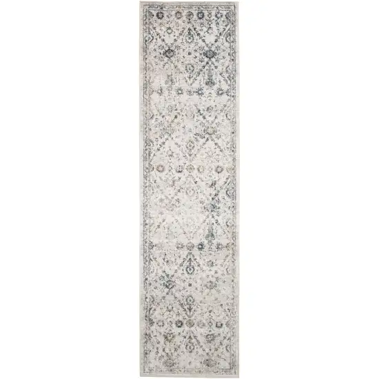 6' Ivory Blue And Brown Floral Distressed Runner Rug Photo 8