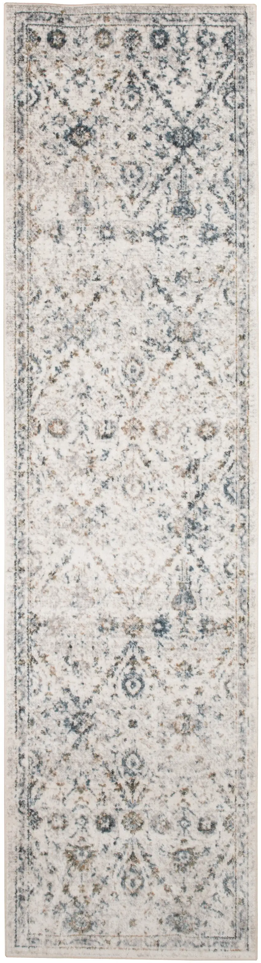 6' Ivory Blue And Brown Floral Distressed Runner Rug Photo 8