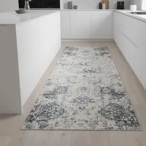 Photo of 8' Ivory Blue And Brown Floral Distressed Runner Rug