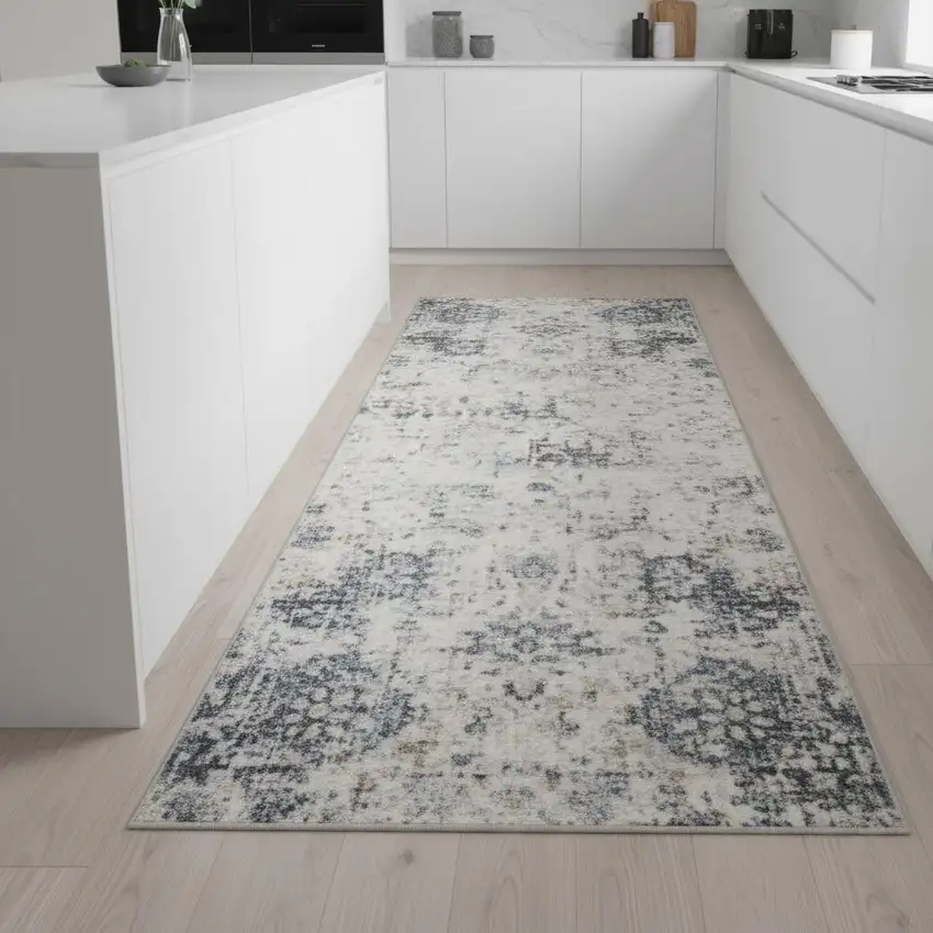 8' Ivory Blue And Brown Floral Distressed Runner Rug Photo 1