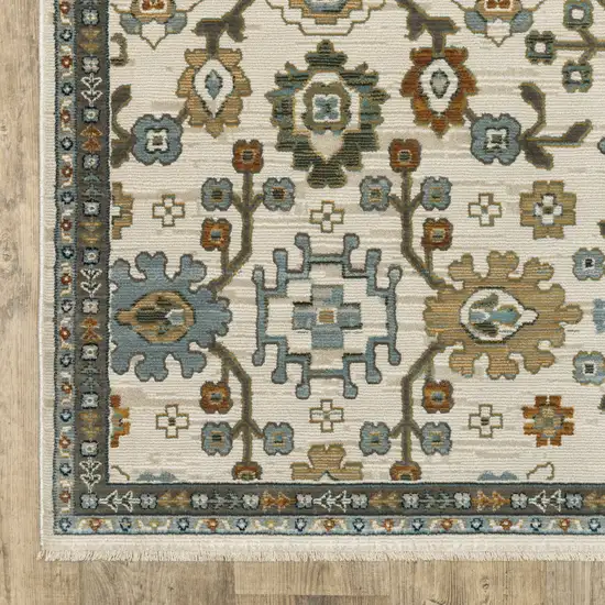 8' Ivory Blue And Brown Floral Runner Rug With Fringe Photo 4