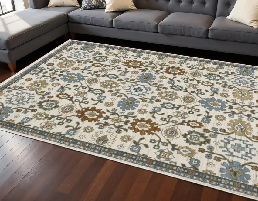 8' Ivory Blue And Brown Floral Runner Rug With Fringe Photo 2