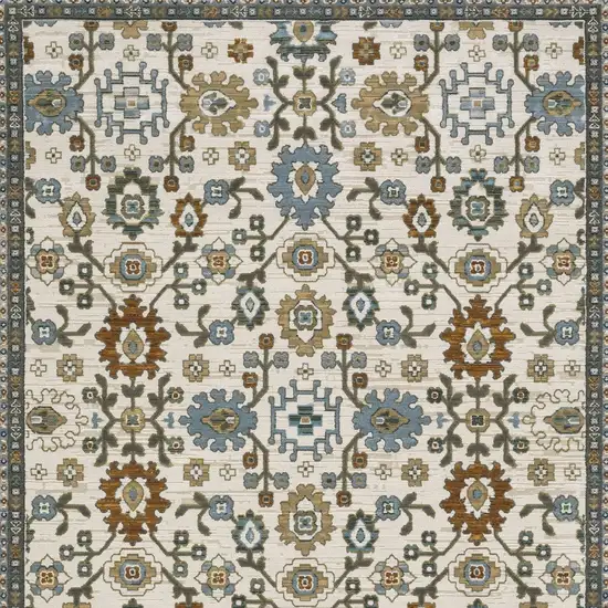 8' Ivory Blue And Brown Floral Runner Rug With Fringe Photo 7