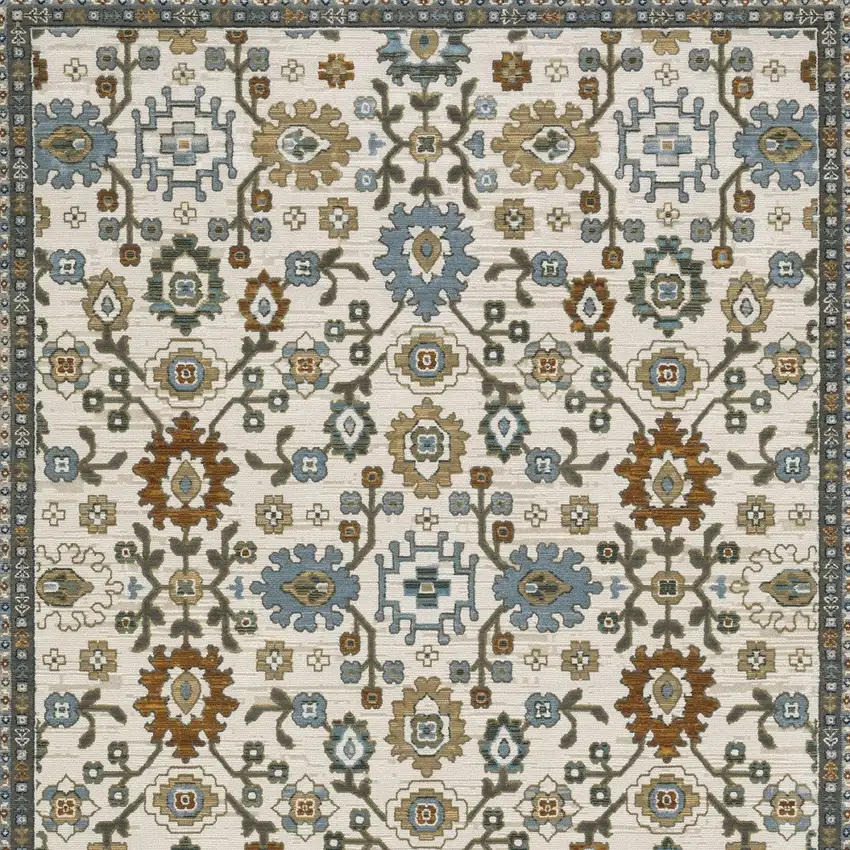 8' Ivory Blue And Brown Floral Runner Rug With Fringe Photo 7