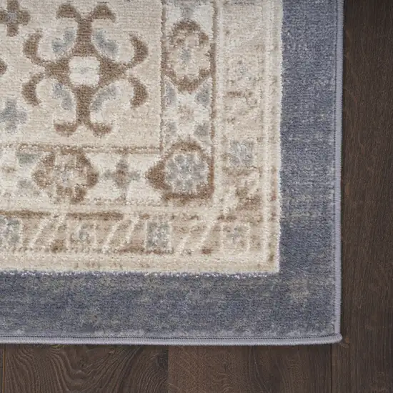 8' Ivory Blue And Brown Geometric Distressed Runner Rug Photo 7