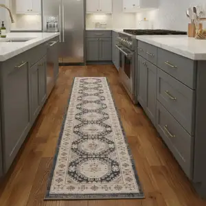 Photo of 8' Ivory Blue And Brown Geometric Distressed Runner Rug