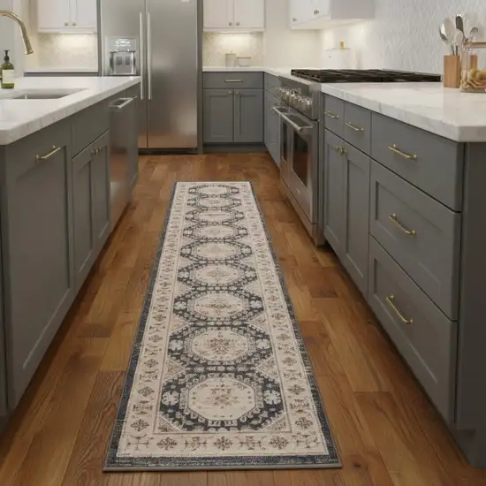 8' Ivory Blue And Brown Geometric Distressed Runner Rug Photo 1