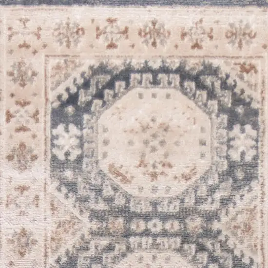 8' Ivory Blue And Brown Geometric Distressed Runner Rug Photo 3