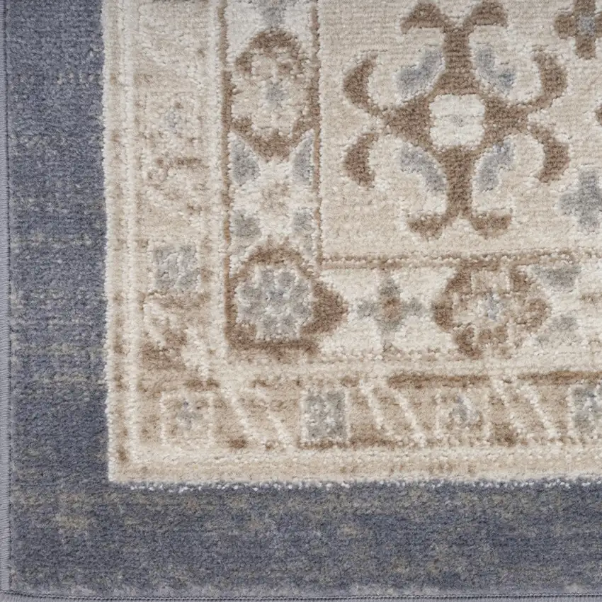 8' Ivory Blue And Brown Geometric Distressed Runner Rug Photo 6