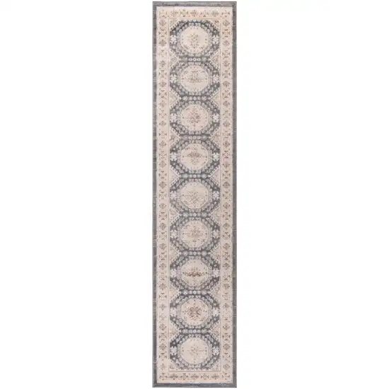 8' Ivory Blue And Brown Geometric Distressed Runner Rug Photo 2