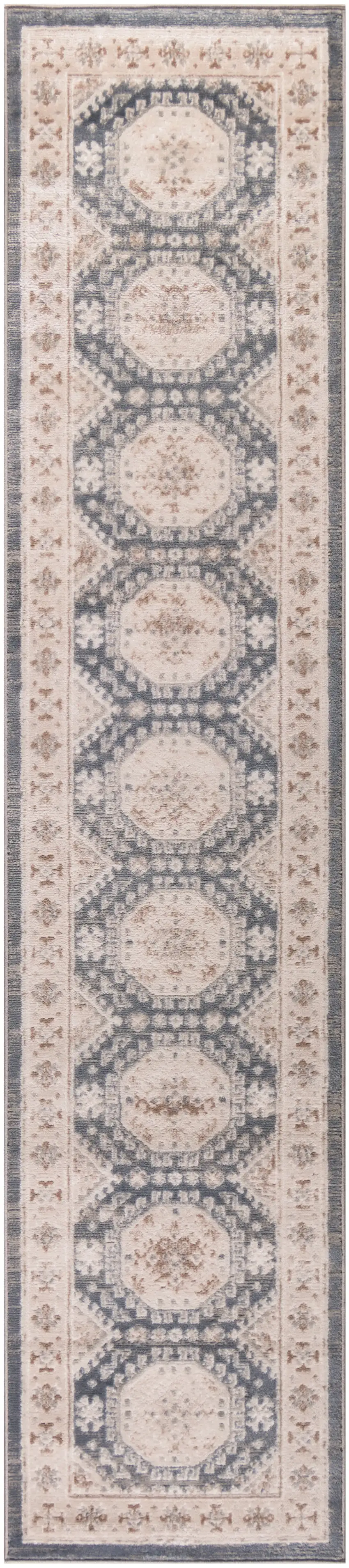 8' Ivory Blue And Brown Geometric Distressed Runner Rug Photo 2