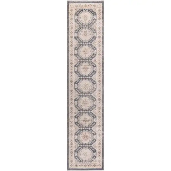 8' Ivory Blue And Brown Geometric Distressed Runner Rug Photo 4